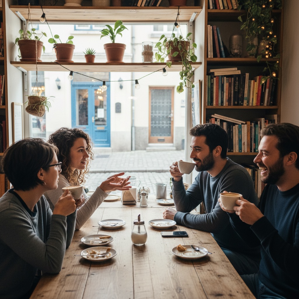 Fire venner sidder omkring et træbord på en café og drikker kaffe, mens de taler sammen.